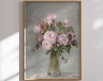 Vintage Rose Bouquet Canvas Print: Floral Still Life in Glass Vase