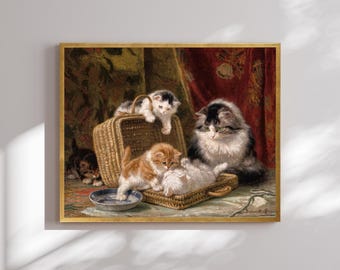 Vintage Playing Kittens Canvas Print: Animal Painting, Funny Cat Wall Decor, Classic Pet Artwork