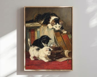 Vintage Cat Canvas Print: Kittens and Books Wall Art, Cozy Cottage Home Decor