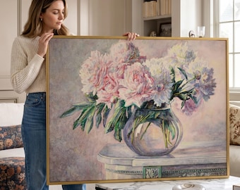 Pink Peonies Canvas Print: Vintage Floral Wall Art, Cottagecore French Country Decor