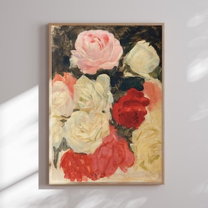 Floral Canvas Wall Art, Rose Flower Print, Feminine Bedroom Decor, Pink and Red Botanical Art, Cottagecore Wall Print, Romantic Floral Art