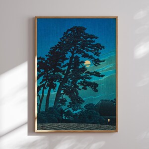 Japanische Nacht Print, Kawase Hasui Kunst, ruhige Landschaft Poster, Japandi Dekor, Zen Wandkunst, minimalistischer japanischer Druck, asiatische Wanddekoration