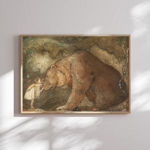 Woodland Nursery Canvas Art: Scandinavian Bear and Girl Print