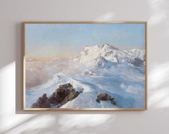 Snowy Mountain Landscape Canvas Print: Alpine Peak Wall Art, Blue White Rustic Home Decor