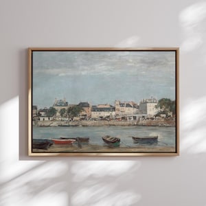 Harbor Canvas Wall Art, French Coastal Town Print, Boats and Port Scene Painting, Nautical Seaside Decor, Maritime Artwork for Living Room