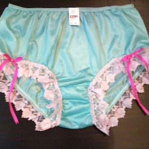 Vintage Nylon Granny Panties Lace Lacy Handmade Ribbon Sissy Style High-Waisted Briefs for Men Women Lingerie Pink Green