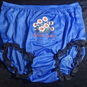 Vintage African Daisy Nylon Panties – Floral Embroidered Look Retro Knickers with Lace – Handmade High-Waist Men & Women FWOLA1 Royal Blue