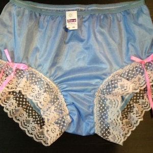 Vintage Nylon Granny Panties Lace Lacy Handmade Ribbon Sissy Style High-Waisted Briefs for Men Women Lingerie Fair blue