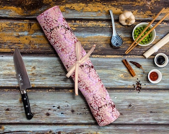Nishijin-ori Fabric Knife Roll, Mount Fuji and Sakura Design