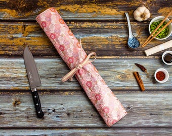 Japanese Nishijin-ori Fabric Knife Roll, Light Pink Sakura Flower Bed, Chef Gift