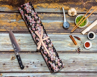 Nishijin-ori Japanese Knife Roll: Pink Sakura Fabric, 5-6 Knife Storage