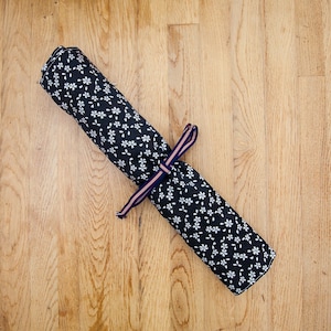 Nishijin-ori Knife Roll with Sanada Himo Tie | Handcrafted Japanese Textile Storagel | 5–6 Knife Storage | Small Cherry Blossoms on Black