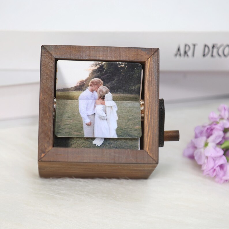 Custom Flip Book Photo Frame - Hand-Cranked Wooden Animation Memory Box With Light & Music | Personalized Gift For Birthday & Anniversary