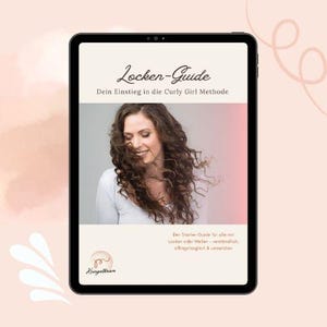 Op de afbeelding: Een digitale gids met de titel "Locken-Guide" met de tagline "Dein Einstieg in die Curly Girl Methode". De gids bevat een foto van een vrouw met krullend haar en het logo "Kringelbran".