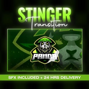 Può includere: Grafica digitale con le parole "STINGER Transition" in verde neon. L'immagine presenta un logo panda con la parola "PANDA" sotto. Il testo "SFX INCLUDED + 24 HRS DELIVERY" è in basso.