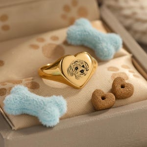 Op de afbeelding: Een goudkleurige ring met een hartvormige voorkant met een gedetailleerde gravure van een hondengezicht. Twee lichtblauwe botvormige hondenspeeltjes en twee hartvormige hondenkoekjes zijn ook zichtbaar, wat wijst op een huisdierthema.
