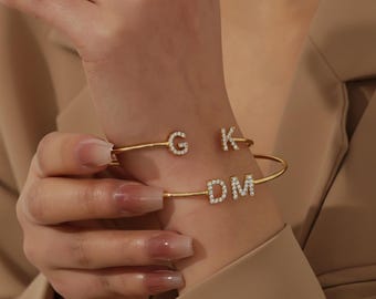 Custom Initial Bangle, Zirconia Pave Letter Bracelet, Personalized Cuff