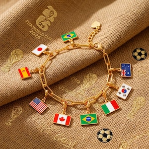 Armband med globala fans i fotbolls-VM 2026, armband med gem, smycken med flaggstång och land, armband med internationella nationer, fotbollsfan
