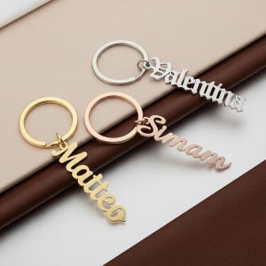 May include: Three personalised keyrings in gold, silver, and rose gold. Each keyring features a name in a stylish script font. The keyrings are attached to the names. The background is a mix of brown and beige.