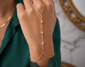Bracciale A Catena Oro 14K Per Donna - Con Anello Da Dito E Zirconi Cubici - Delicato E Regolabile - Gioiello Ipoallergenico