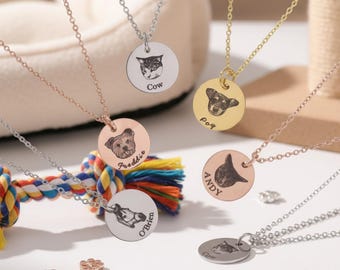 Custom Pet Photo Necklace, Engraved Memorial Jewelry, Silver Gold Rose Gold