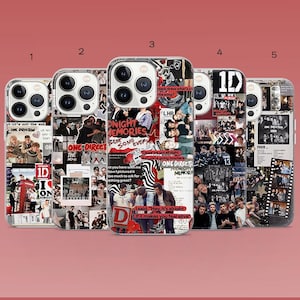 Może przedstawiać: Pięć etui na telefony z wzorami kolaży z wizerunkami boysbandu. Etui mają przezroczystą obwódkę i różnorodne obrazy, w tym tekst, zdjęcia i logo. Etui znajdują się na czerwonym tle.