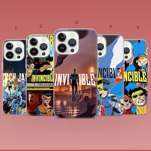 May include: A collection of five phone cases featuring comic book art. The cases display various characters and the word "INVINCIBLE" in bold lettering. The designs incorporate vibrant colors and dynamic illustrations, showcasing a superhero theme.