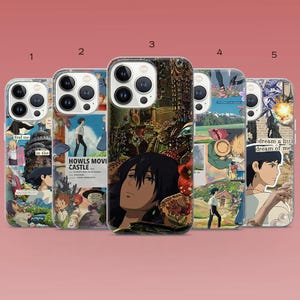 May include: Five phone cases with anime-style artwork. The cases feature various scenes and characters, including text that reads "find me in the" and "HOWLS MOVI CASTLE". The cases have a clear, glossy finish.
