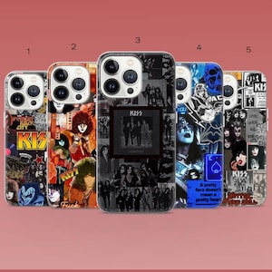May include: Five phone cases with various designs featuring the rock band KISS. The cases display collages of band photos, album art, and text. The color scheme includes black, white, red, and blue.
