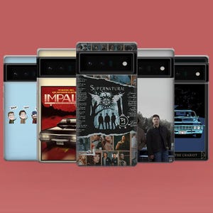 May include: A collection of phone cases featuring designs inspired by the TV show "Supernatural." The cases display images of characters, the Impala car, and show logos. The cases are in various colors, including black, blue, and white.