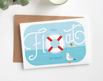 You Float My Boat Card, I Love You, Nautical Note Card for Him or Her, Blank Greetings, Valentines Day Card