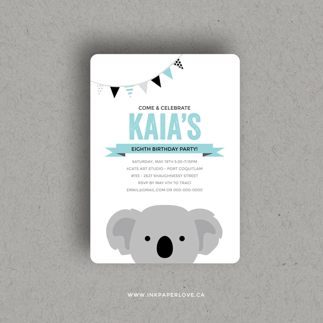 Invitations anniversaire originales thème Koala - Print Your Love
