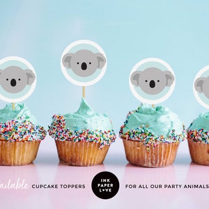 OSO KOALA Cupcake Toppers IMPRIMIBLES para cupcakes de fiesta de cumpleaños de niños, a juego con las invitaciones de animales de la fiesta temática koala.