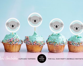 KOALA BEAR PRINTABLE Cupcake Toppers for kids birthday party cupcakes, matching the koala theme party animal invitations.