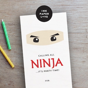PRINTABLE NINJA BIRTHDAY Party Invitations, digital file birthday invite, in three different skin tone options.