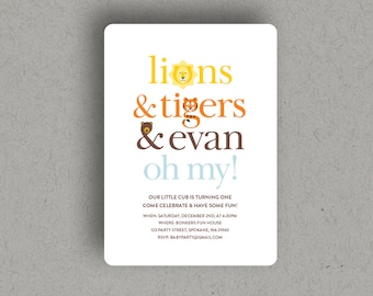 Lions and Tigers and Bears Oh My, custom printable digital birthday party invitation. Jungle safari, wizard of oz.