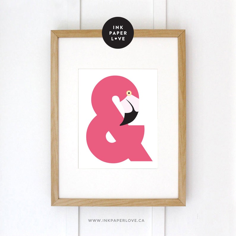 FLAMINGO AMPERSAND Art Print is a modern animal illustration and typographic art print, a modern design in hot pink. image 3