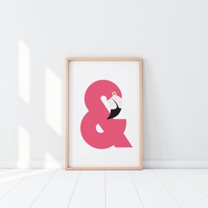 FLAMINGO AMPERSAND Art Print is a modern animal illustration and typographic art print, a modern design in hot pink. image 1