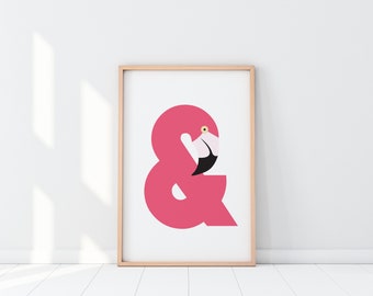 FLAMINGO AMPERSAND Art Print is a modern animal illustration and typographic art print, a modern poster design in hot pink.