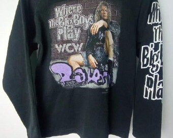T-shirt de sport vintage très rare de 1998 WCW WWE Raven Wrestling à manches longues, taille XS