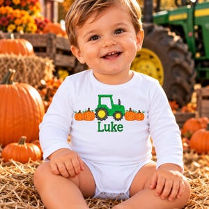 Personalized Baby Boy Fall Bodysuit | Pumpkin Tractor Outfit | Custom Name Tractor Onesie | Baby Thanksgiving Outfit | Pumpkin Patch Outfit
