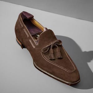 Handmade men brown suede moccasin shoes, formal dress leather tassel shoes mens