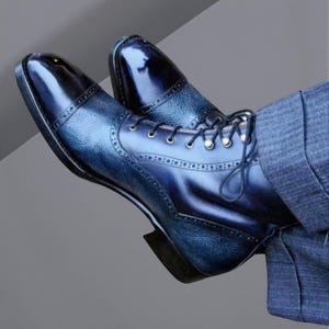 Handmade Men&#39;s Ankle Lace Up Boot Leather Blue Formal Cap Toe Oxford Boots For Men