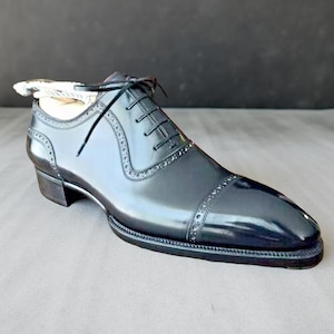 Handcrafted Goodyear Welted Black Leather Lace Up Toe Cap Brogue Oxford Shoes