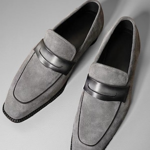 Handmade men gray suede loafer shoes, formal dress moccasin office shoes mens