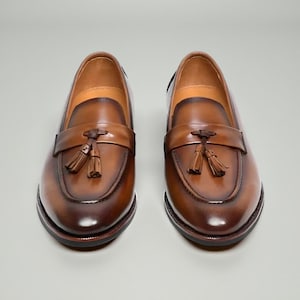 Brown Leather Formal Handmade Slip Ons Tassels Loafers Dress Shoes For Mens