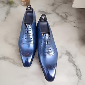 Made Handmade Stylish Blue Leather Lace up Wingtip Oxford Formal Dress Shoes