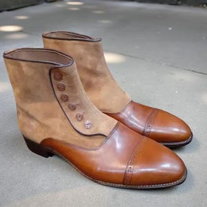 Handmade Men&#39;s Brown Button Leather & Suede Round Cap Toe Ankle Boots