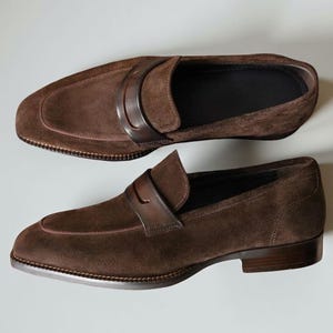 Handmade men brown suede loafer shoes, formal dress moccasin office shoes mens