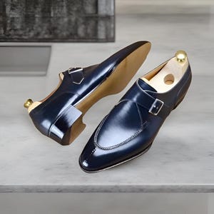 Men&#39;s Pure Navy Blue Leather Monk Shoes, Mens leather Dress Shoe